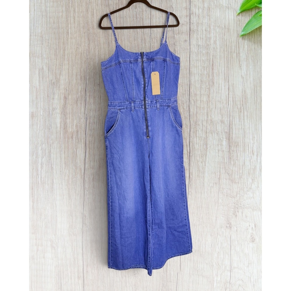 Levis Womens Denim Wide Leg Jumpsuit Blue Medium Wash Zip Front XL